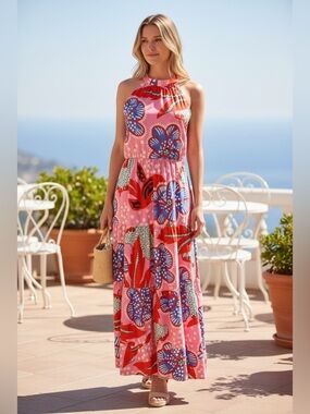 Sunday Up Pink Floral Halter Maxi Dress with Blue Accents Size S